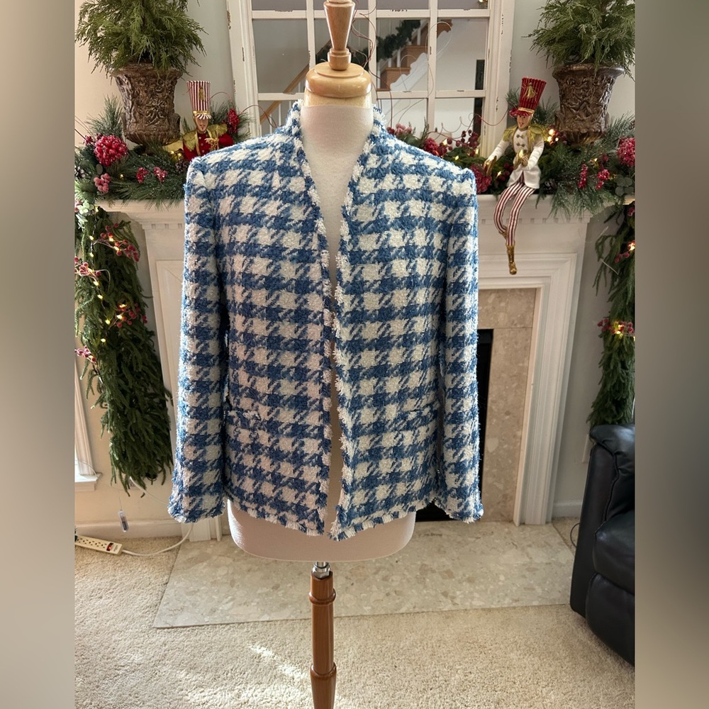 Ann Taylor Blue and White Checkered  Tweed Jacket